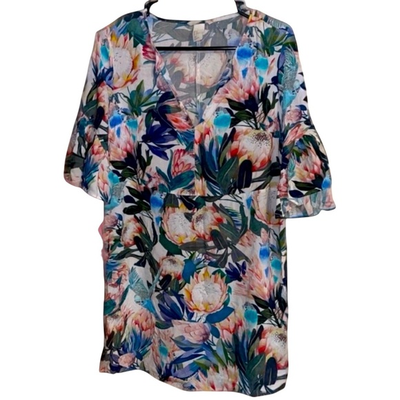 🌹H & M TROPICAL FLORAL FLOUSE SLEEVED DRESS - Picture 1 of 7